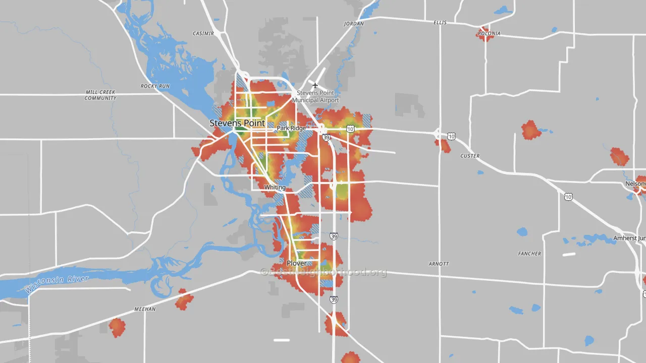 Walk Grade map of Portage County, WI, walkable areas in green and car-dependent areas in red