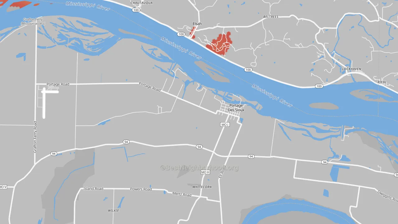 Walk Grade map of Portage Des Sioux, MO, walkable areas in green and car-dependent areas in red