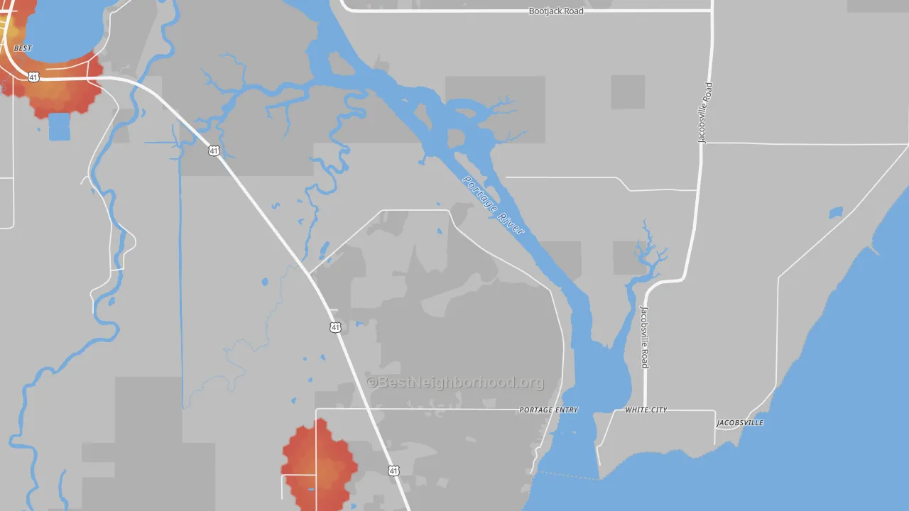 Walk Grade map of Portage Entry, MI, walkable areas in green and car-dependent areas in red