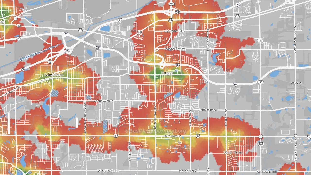 Walk Grade map of Portage, IN, walkable areas in green and car-dependent areas in red