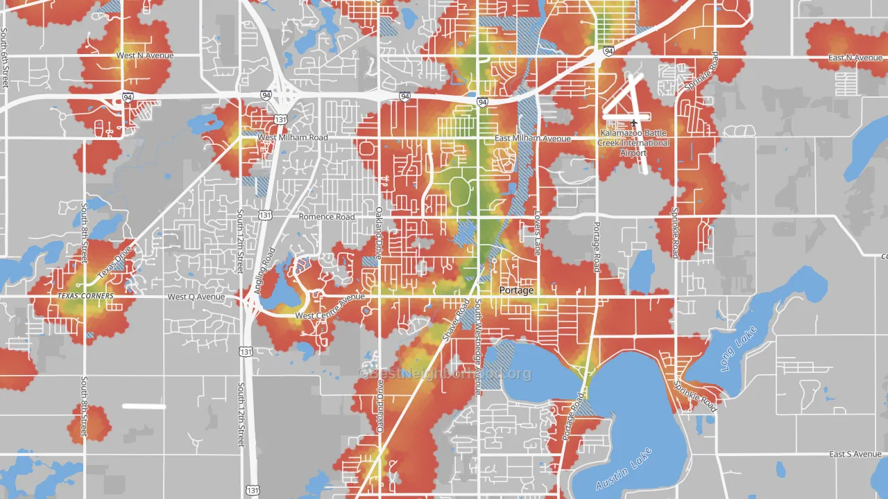 Walk Grade map of Portage, MI, walkable areas in green and car-dependent areas in red