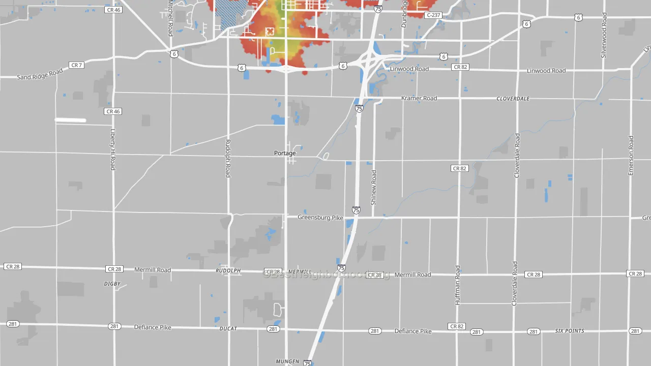 Walk Grade map of Portage, OH, walkable areas in green and car-dependent areas in red