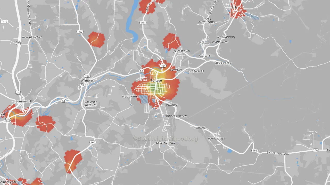 Walk Grade map of Portage, PA, walkable areas in green and car-dependent areas in red
