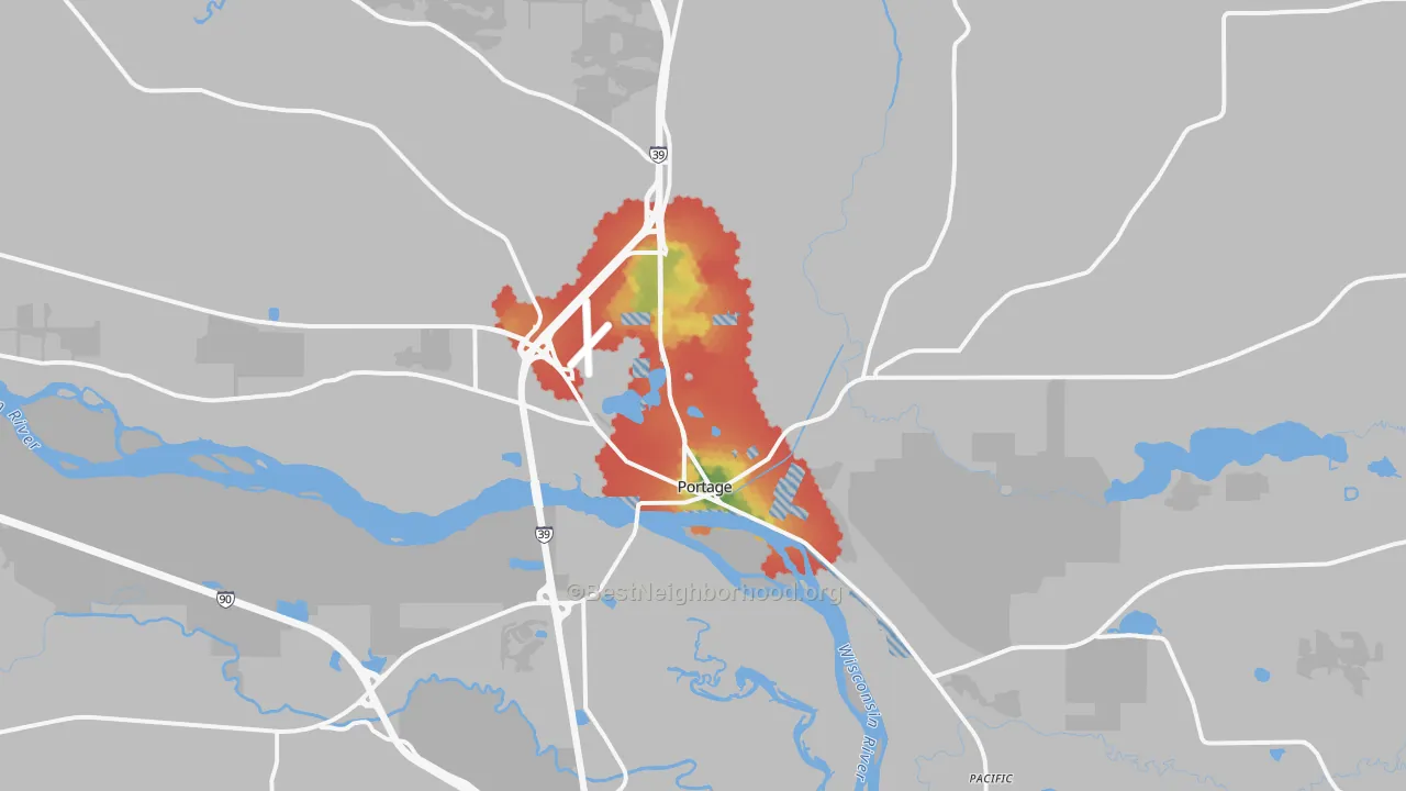 Walk Grade map of Portage, WI, walkable areas in green and car-dependent areas in red