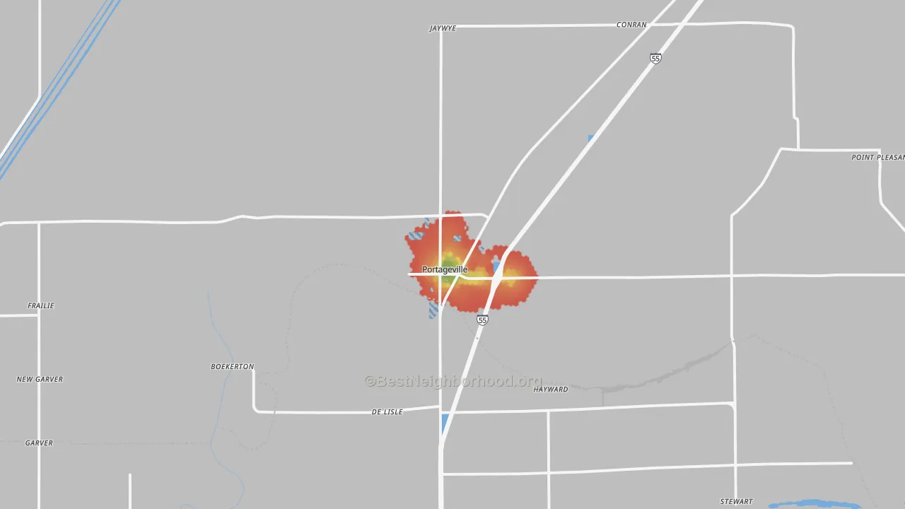 Walk Grade map of Portageville, MO, walkable areas in green and car-dependent areas in red