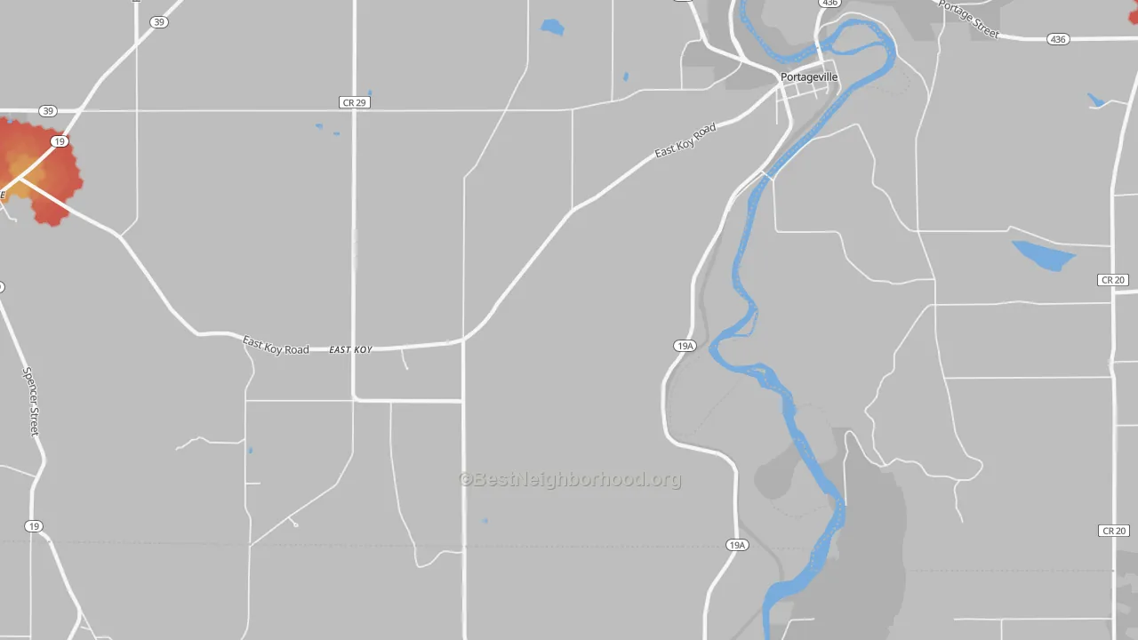 Walk Grade map of Portageville, NY, walkable areas in green and car-dependent areas in red