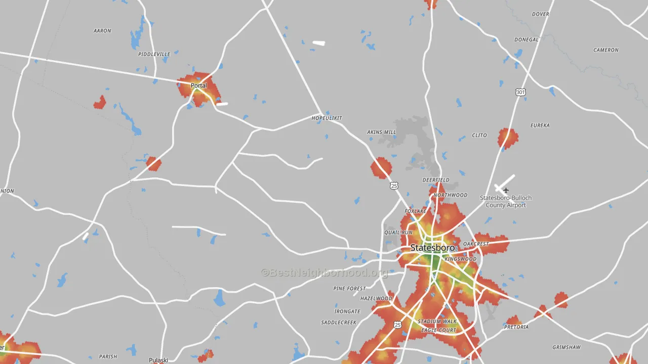 Walk Grade map of Portal, GA, walkable areas in green and car-dependent areas in red