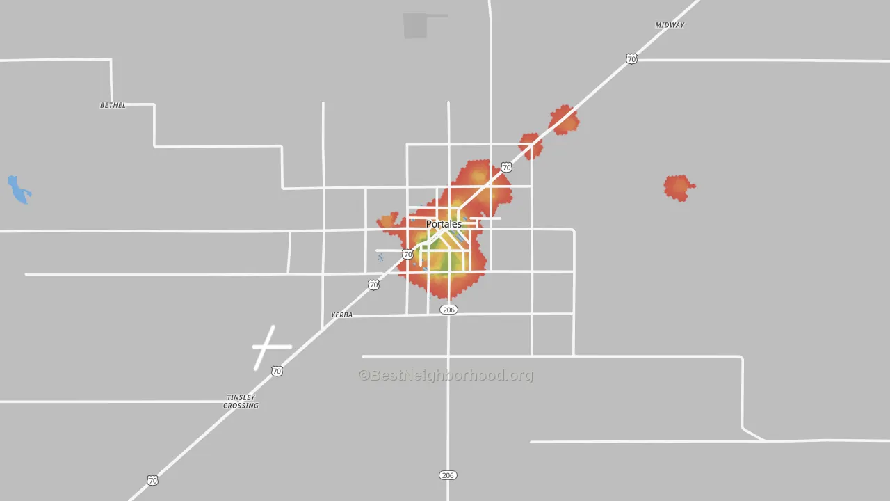 Walk Grade map of Portales, NM, walkable areas in green and car-dependent areas in red
