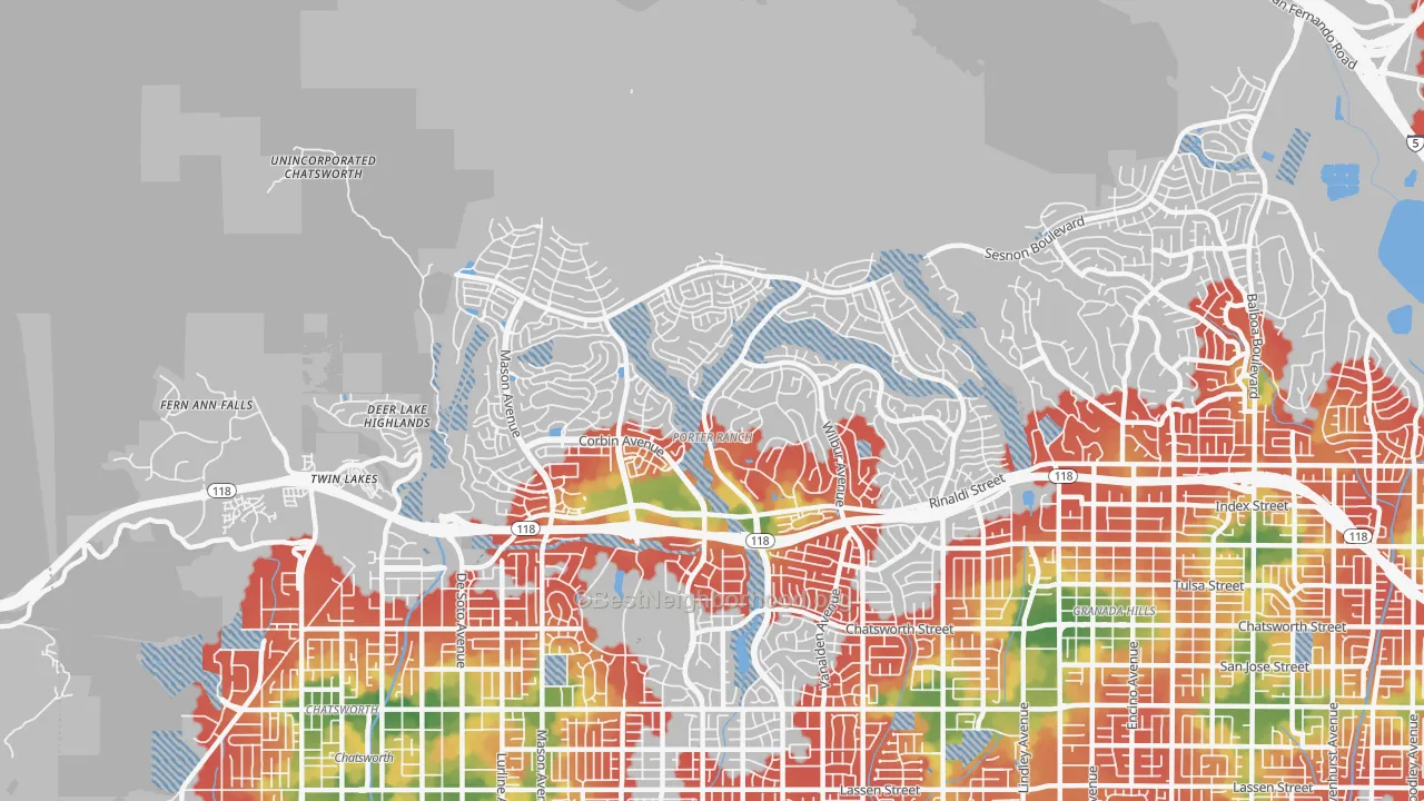 Walk Grade map of Portar Ranch, Northridge, CA, walkable areas in green and car-dependent areas in red