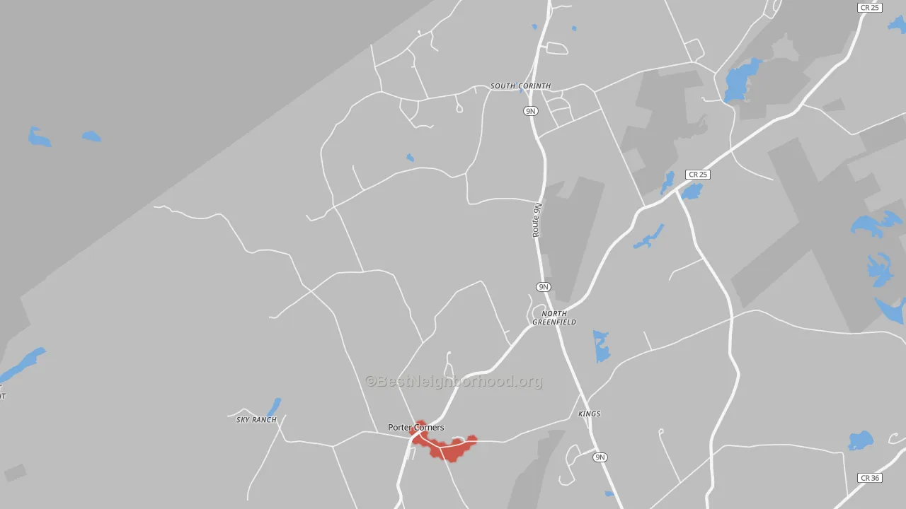 Walk Grade map of Porter Corners, NY, walkable areas in green and car-dependent areas in red