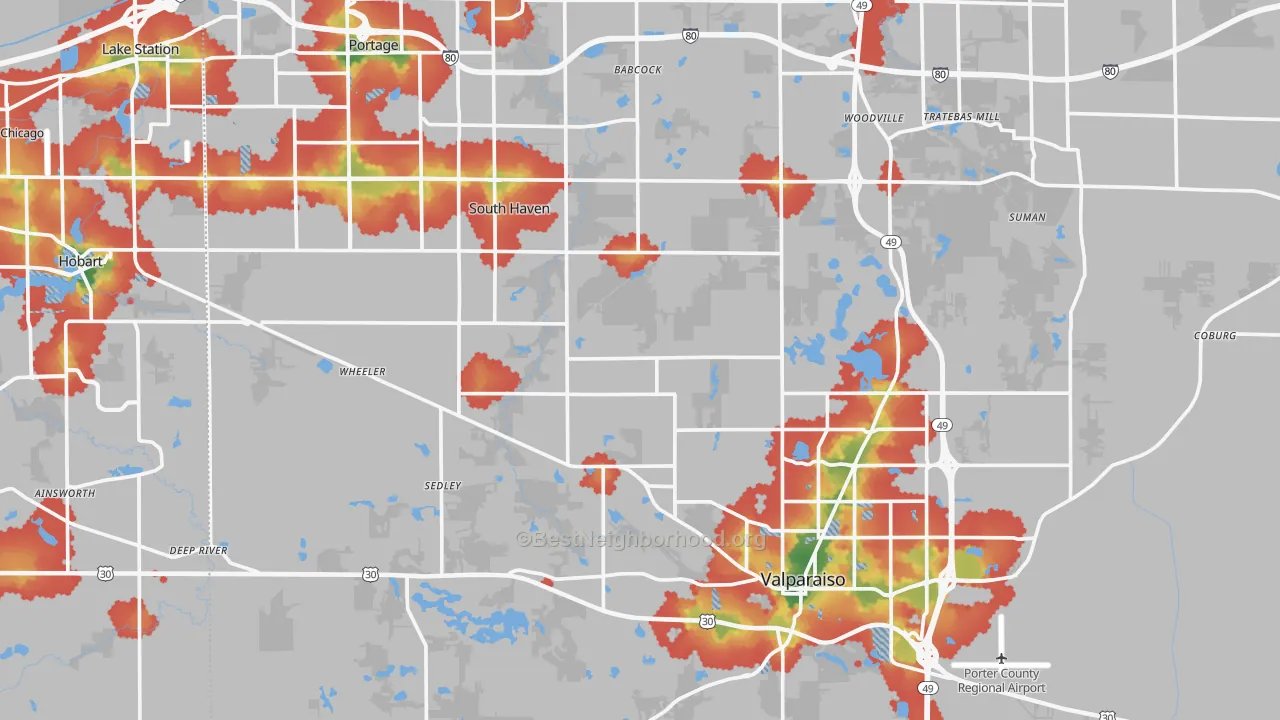 Walk Grade map of Porter County, IN, walkable areas in green and car-dependent areas in red