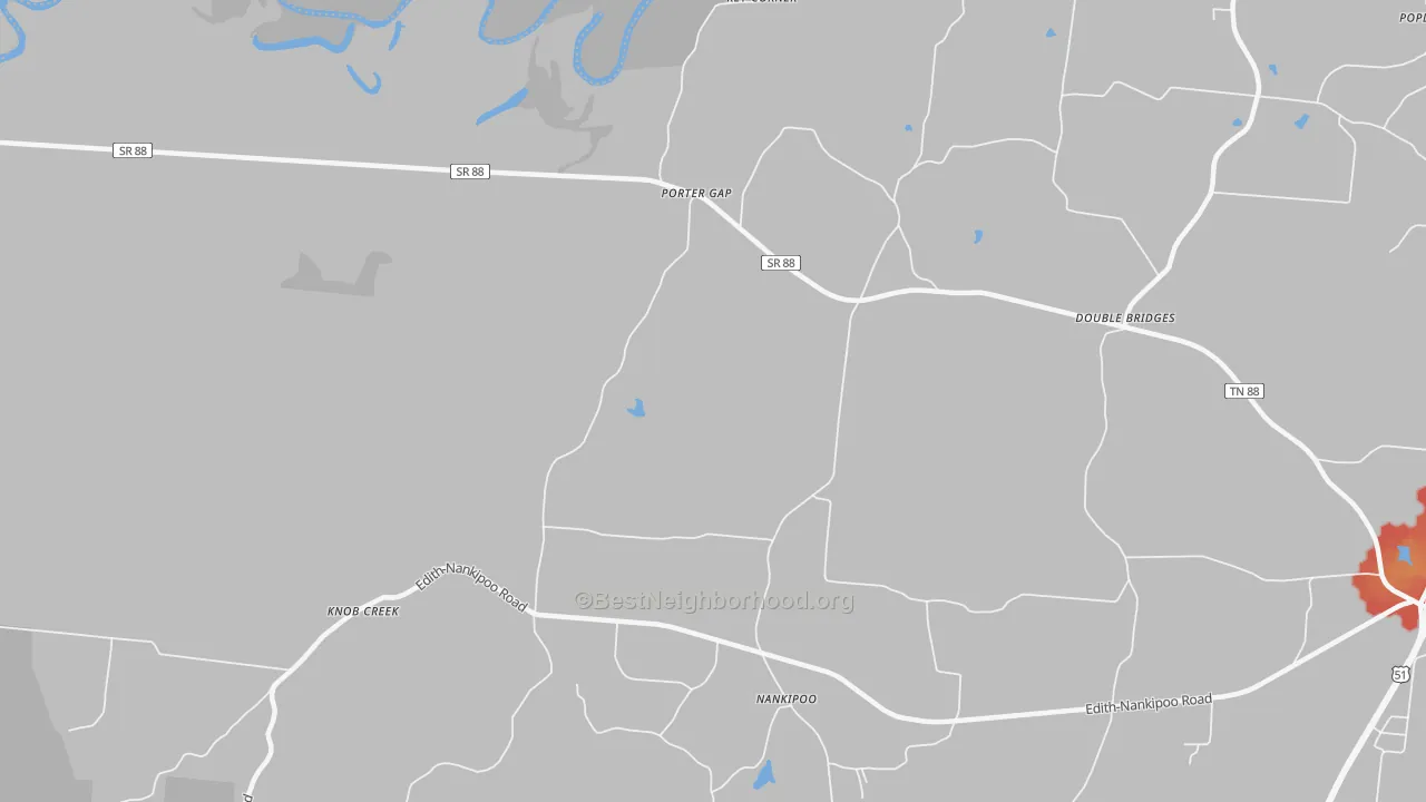 Walk Grade map of Porter Gap, TN, walkable areas in green and car-dependent areas in red