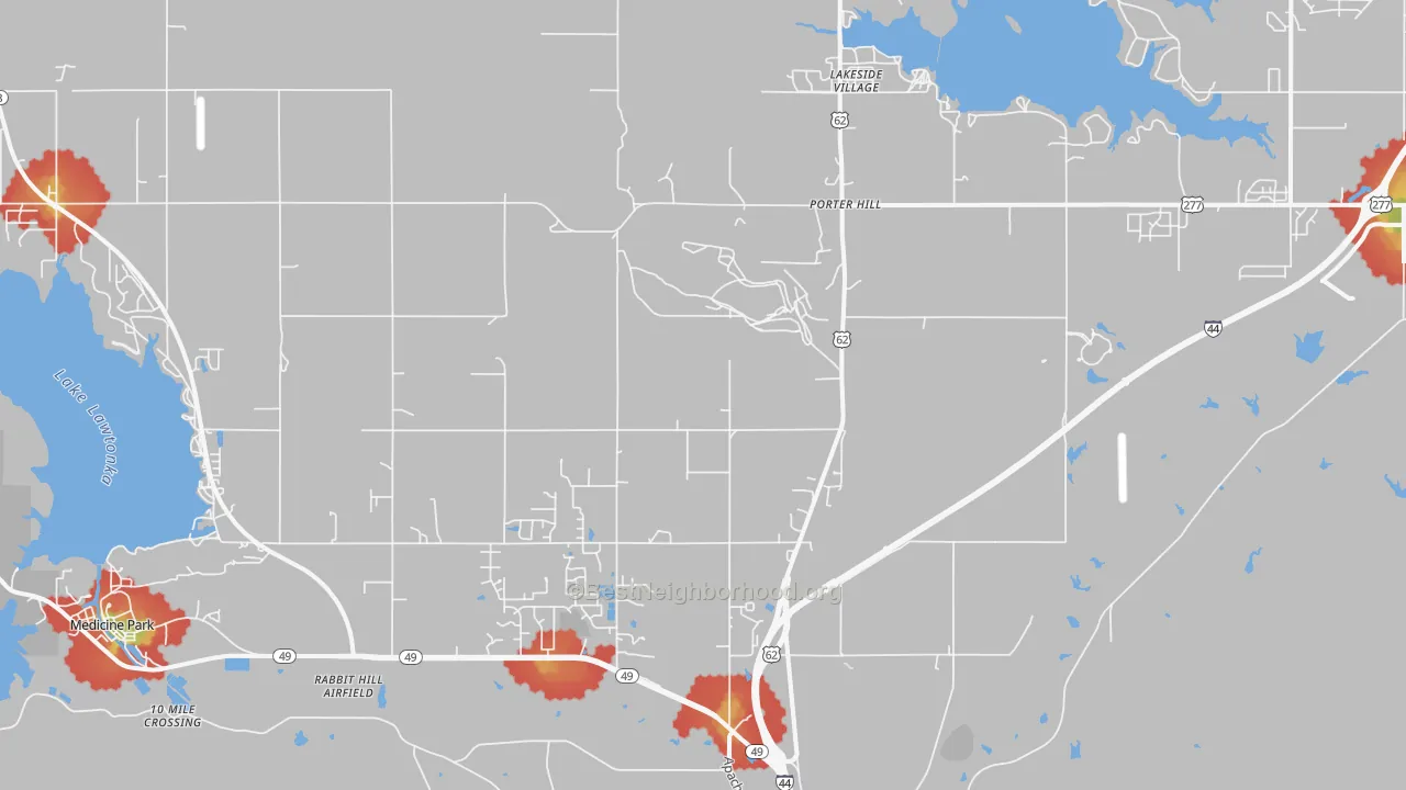 Walk Grade map of Porter Hill, OK, walkable areas in green and car-dependent areas in red