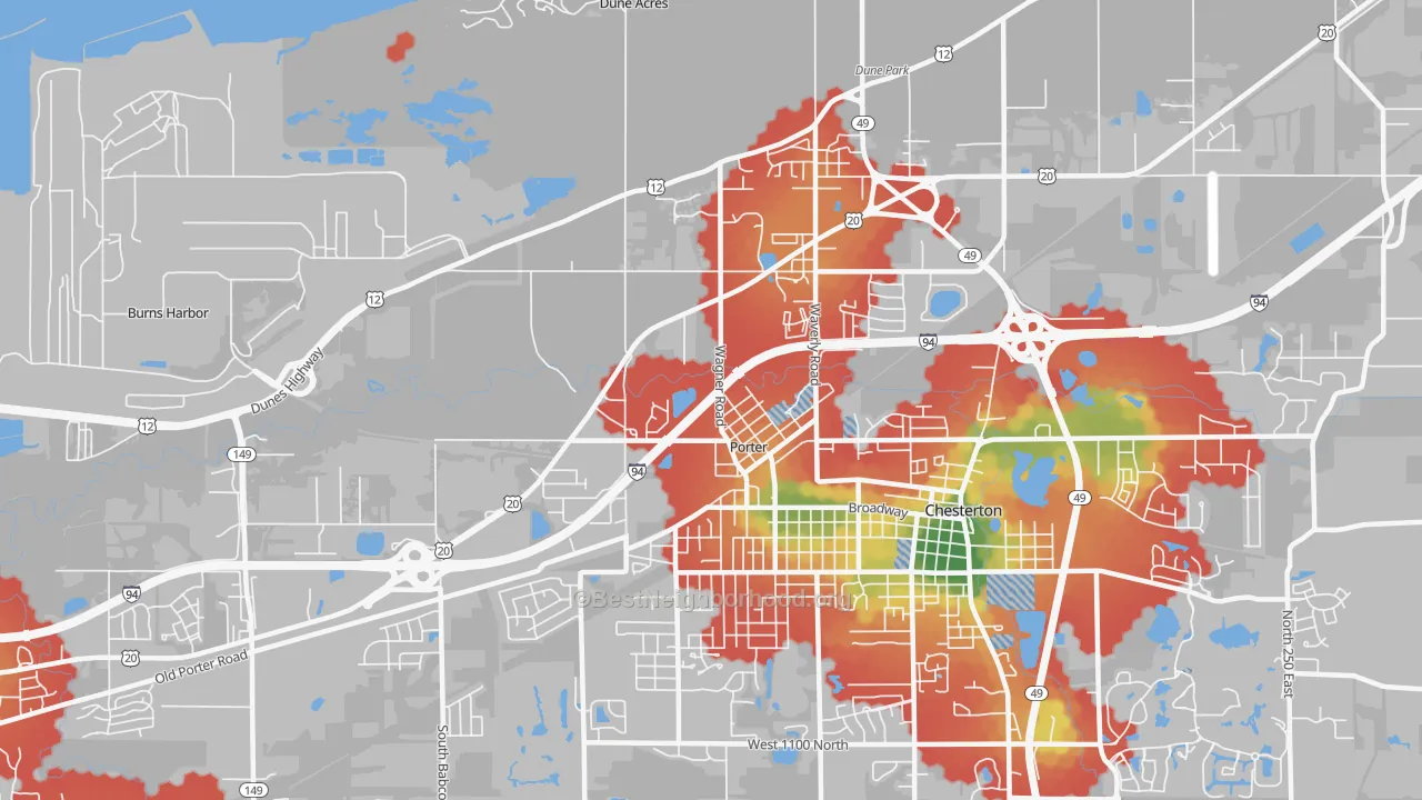 Walk Grade map of Porter, IN, walkable areas in green and car-dependent areas in red