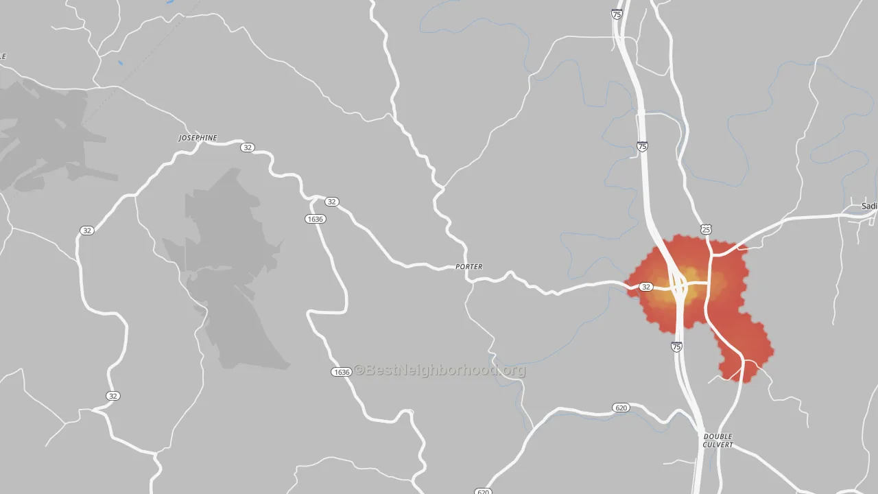 Walk Grade map of Porter, KY, walkable areas in green and car-dependent areas in red