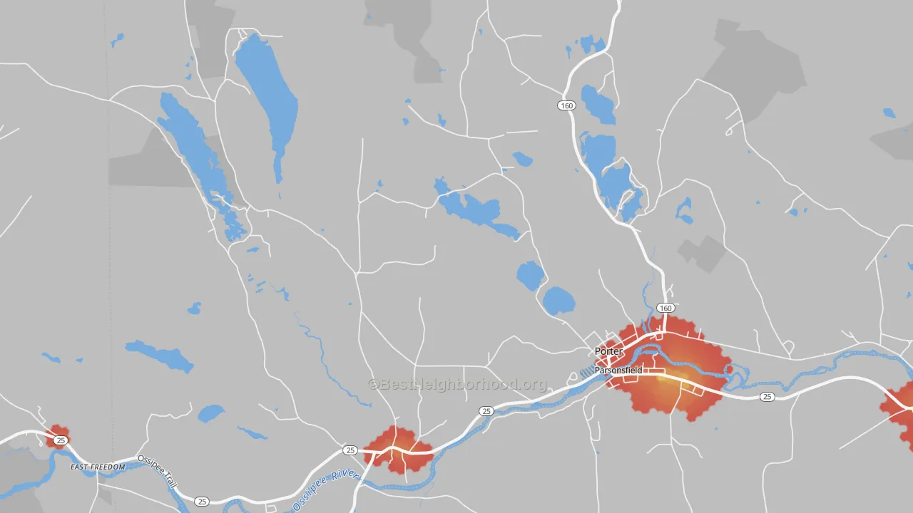 Walk Grade map of Porter, ME, walkable areas in green and car-dependent areas in red