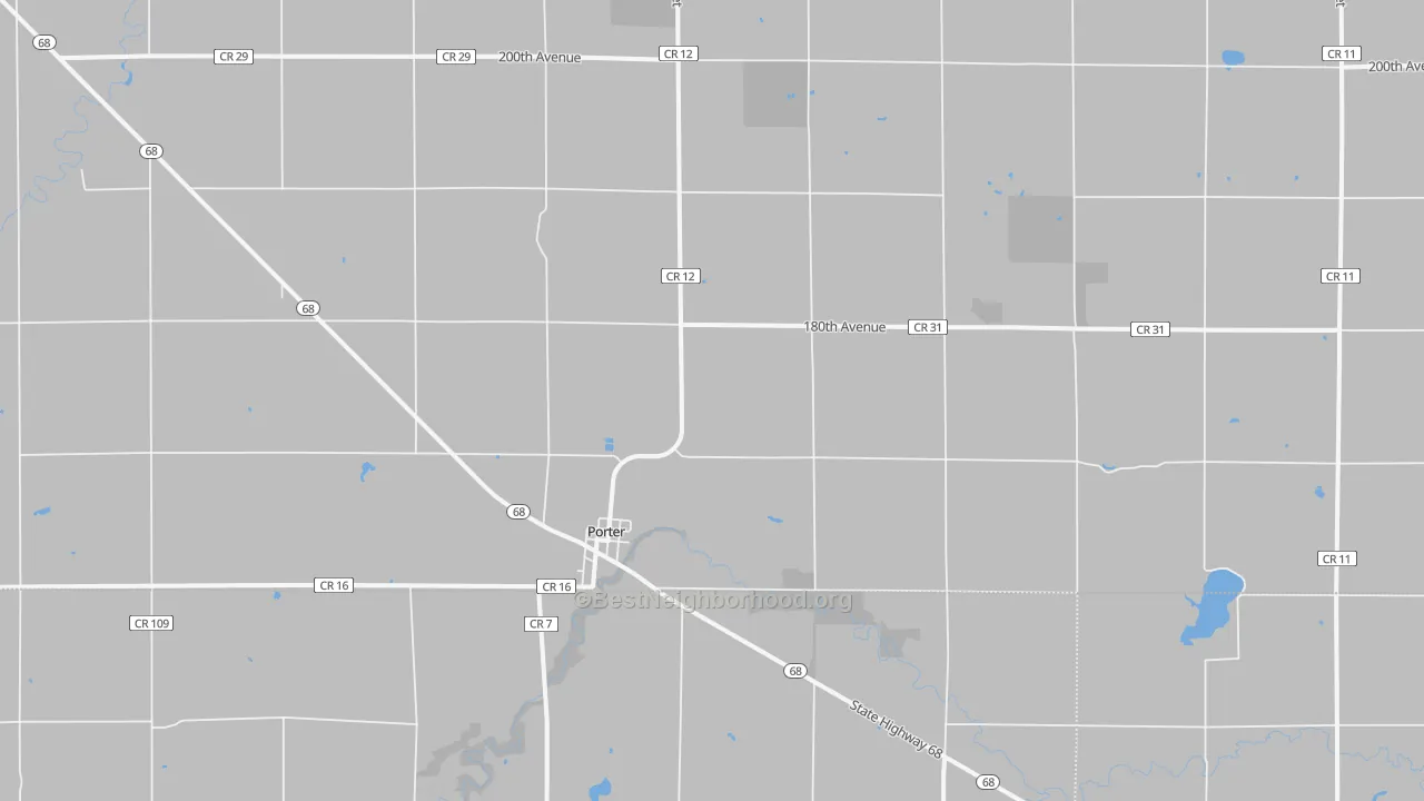 Walk Grade map of Porter, MN, walkable areas in green and car-dependent areas in red