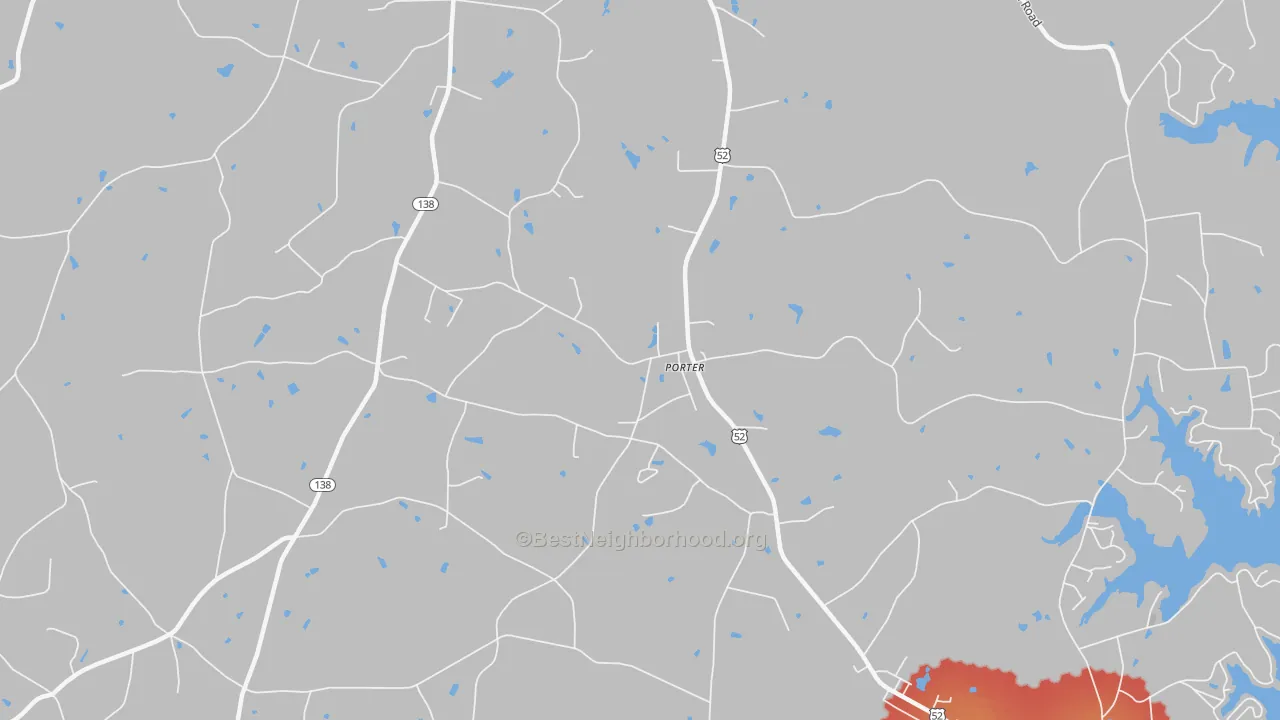 Walk Grade map of Porter, NC, walkable areas in green and car-dependent areas in red
