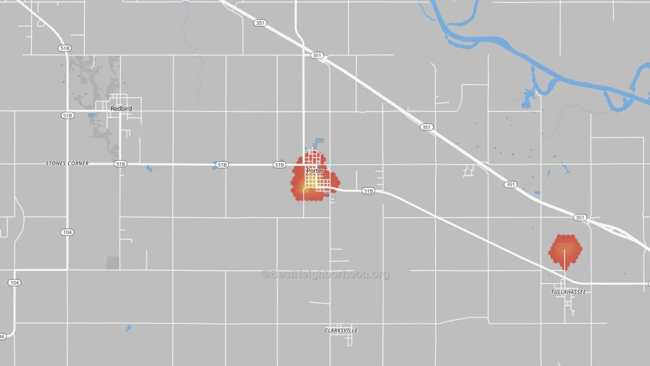 Walk Grade map of Porter, OK, walkable areas in green and car-dependent areas in red