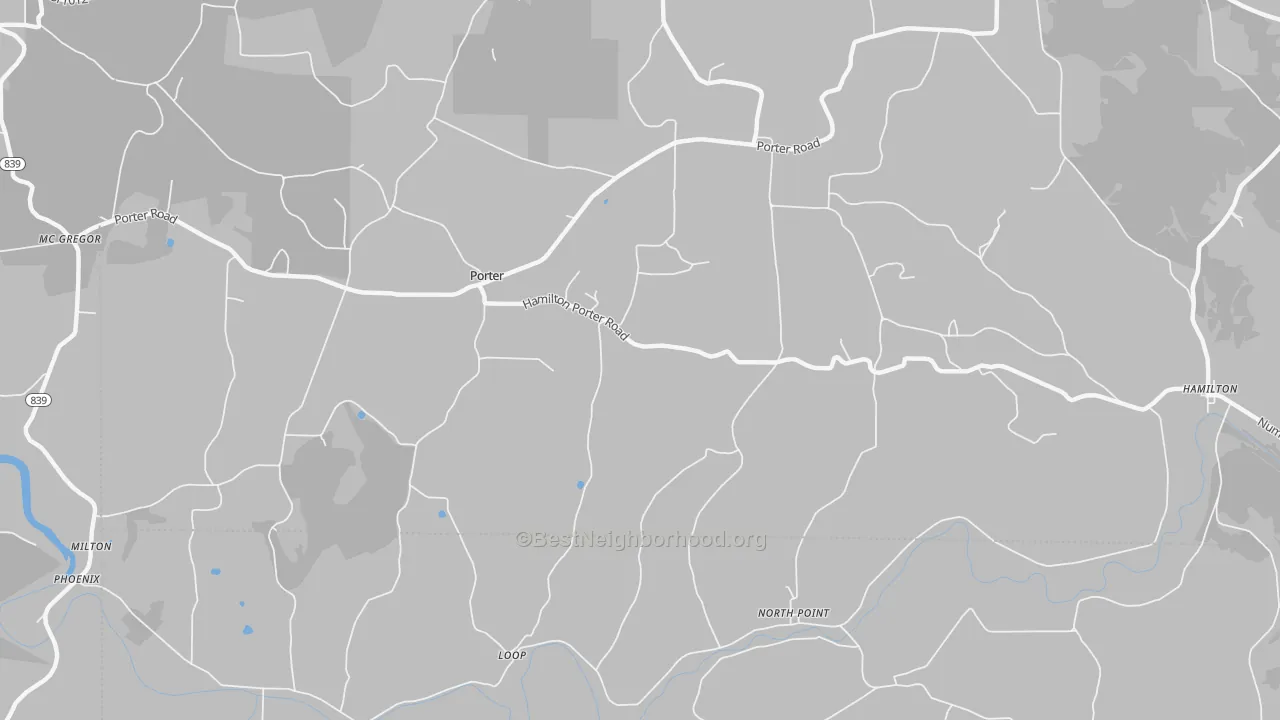 Walk Grade map of Porter, PA, walkable areas in green and car-dependent areas in red