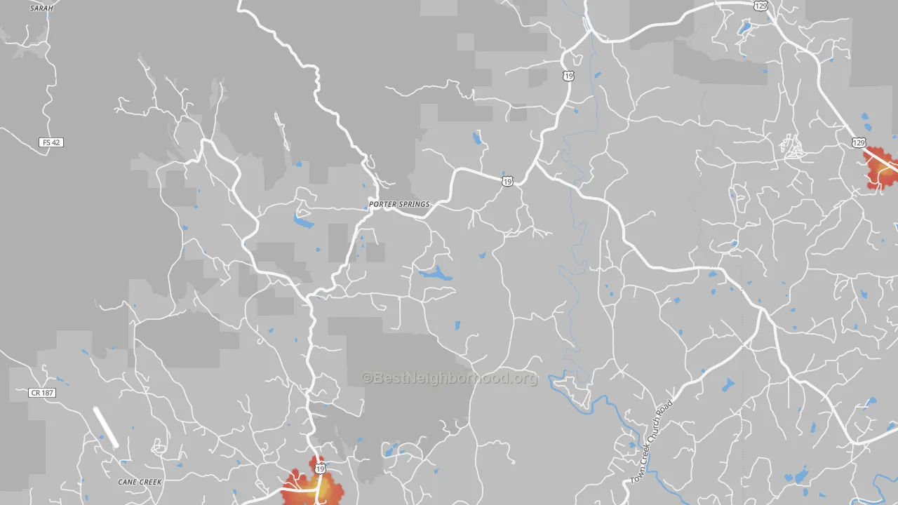 Walk Grade map of Porter Springs, GA, walkable areas in green and car-dependent areas in red