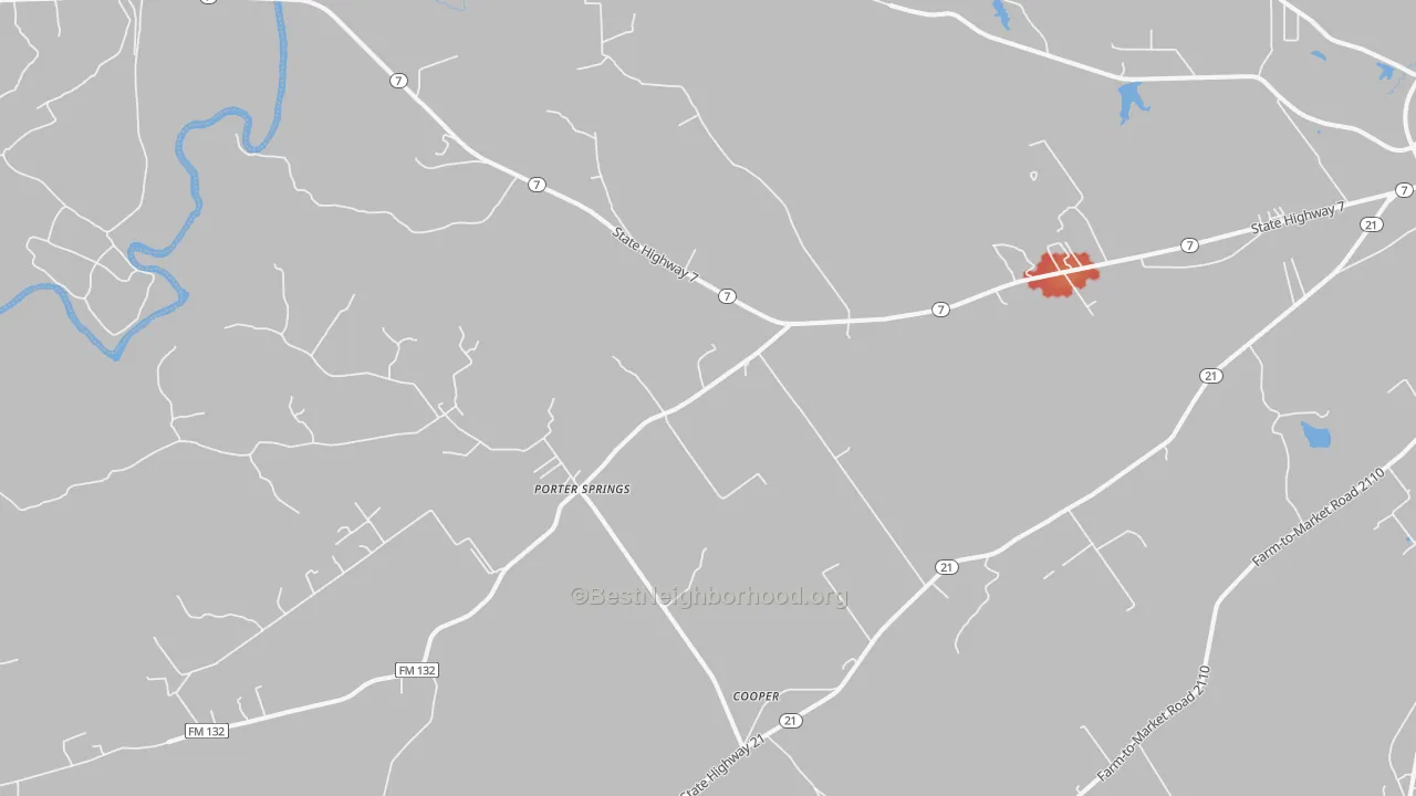 Walk Grade map of Porter Springs, TX, walkable areas in green and car-dependent areas in red