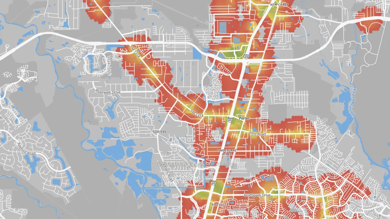 Walk Grade map of Porter, TX, walkable areas in green and car-dependent areas in red