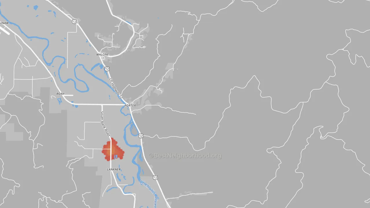 Walk Grade map of Porter, WA, walkable areas in green and car-dependent areas in red