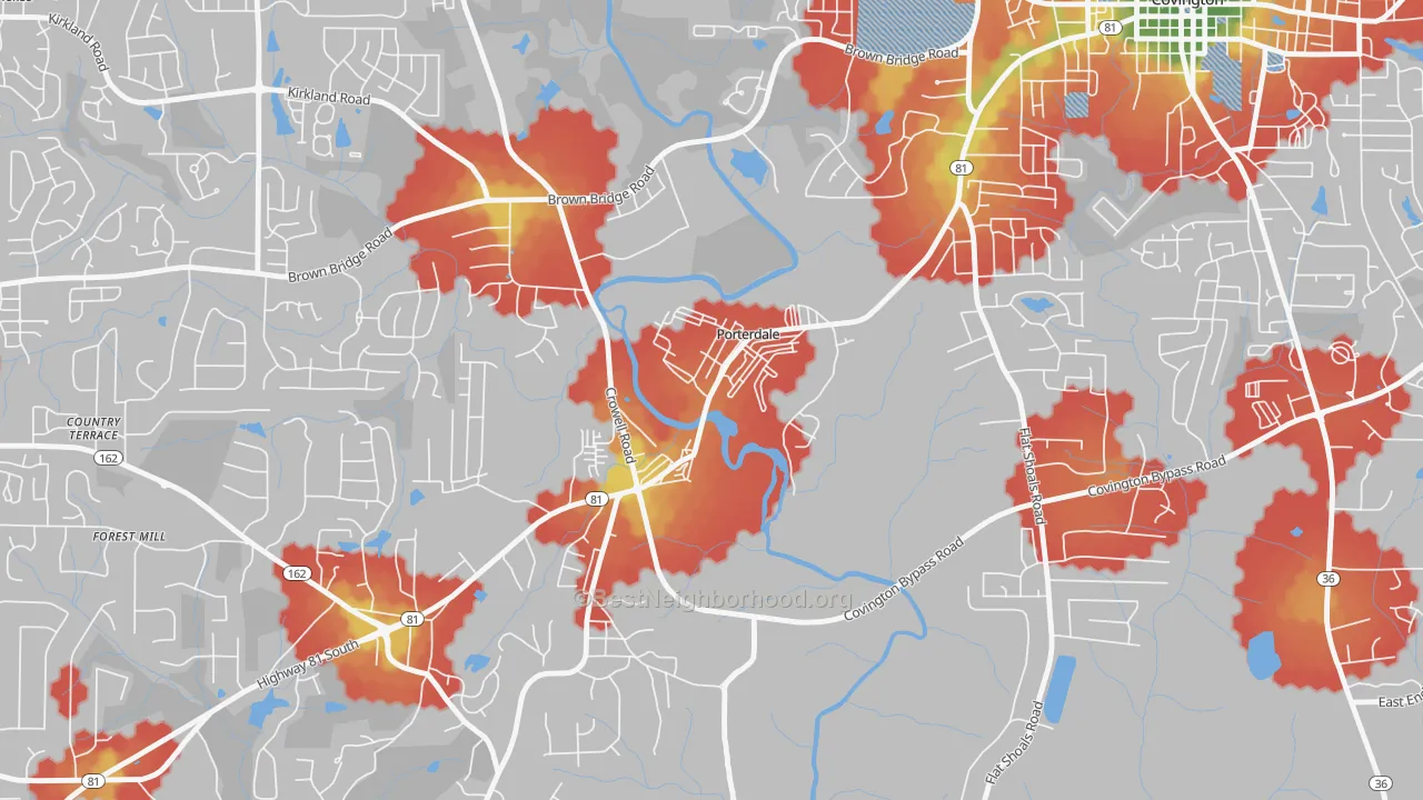 Walk Grade map of Porterdale, GA, walkable areas in green and car-dependent areas in red