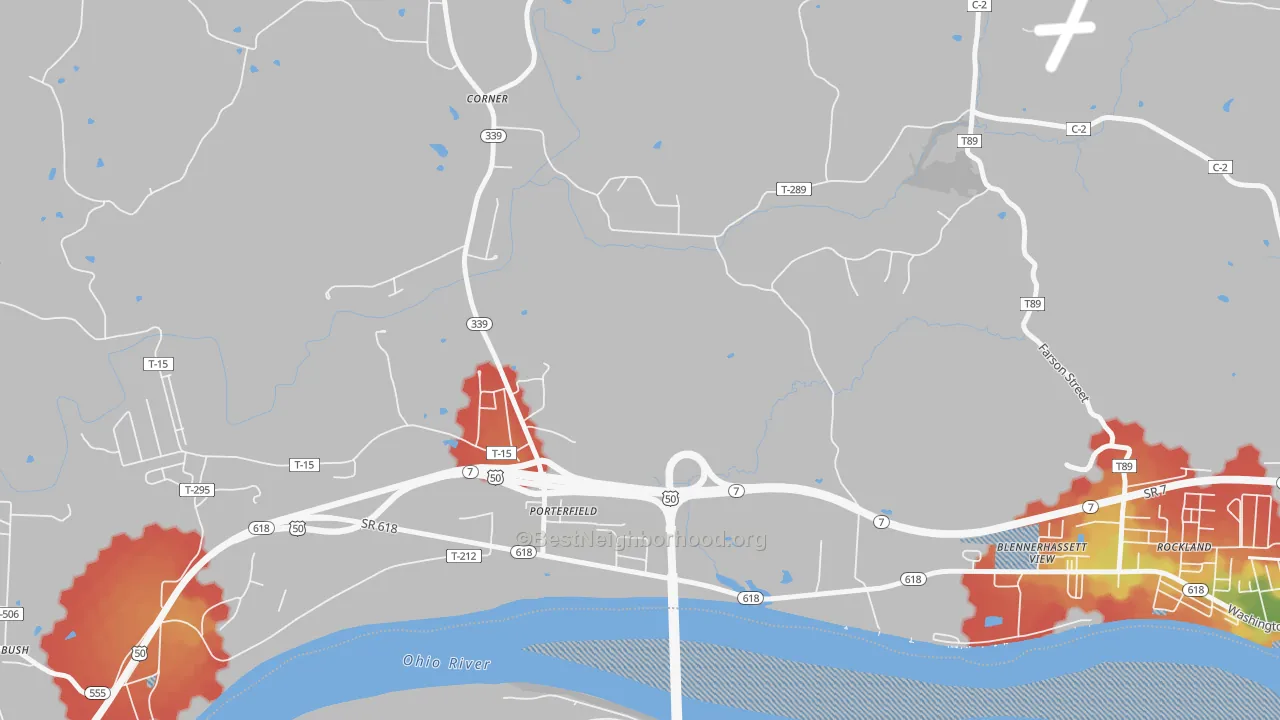 Walk Grade map of Porterfield, OH, walkable areas in green and car-dependent areas in red