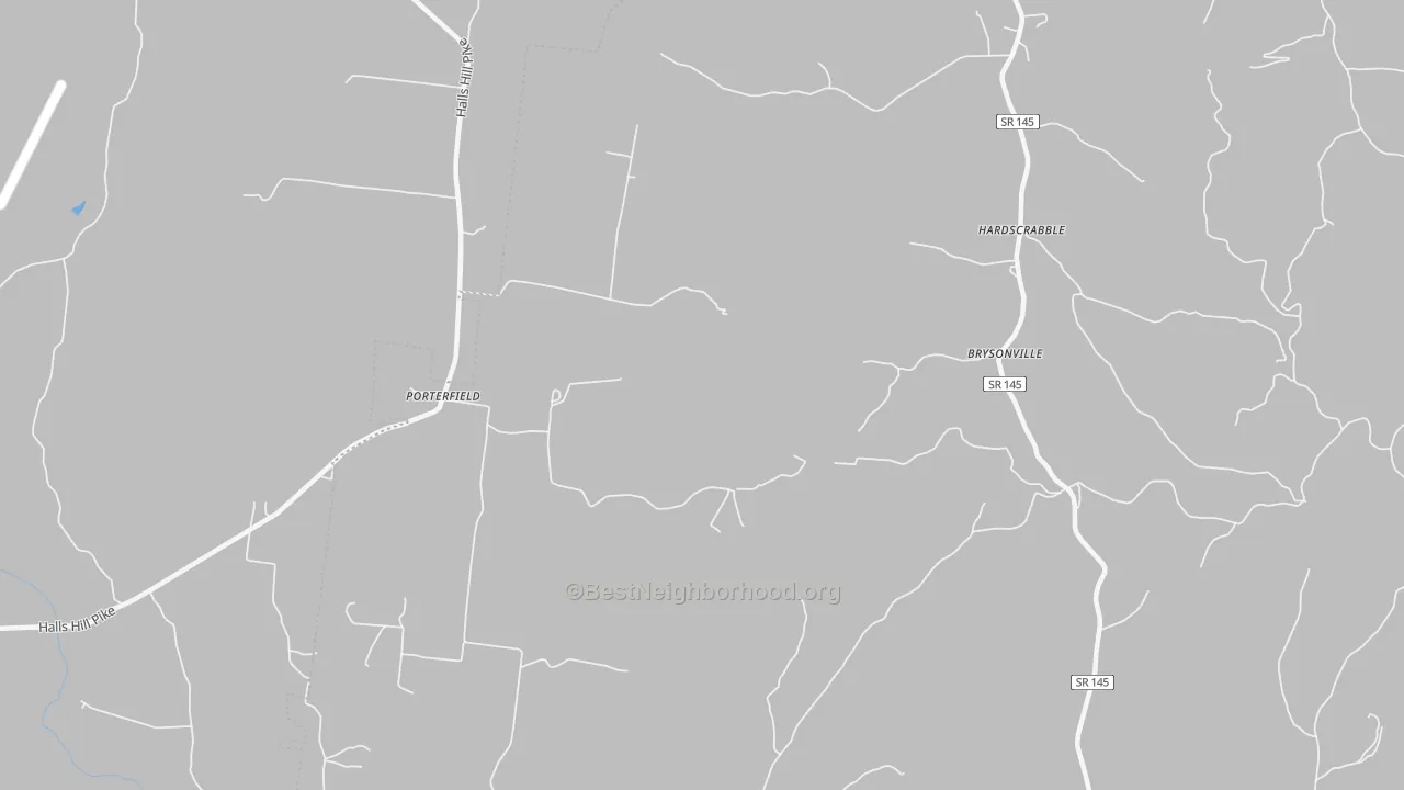 Walk Grade map of Porterfield, TN, walkable areas in green and car-dependent areas in red