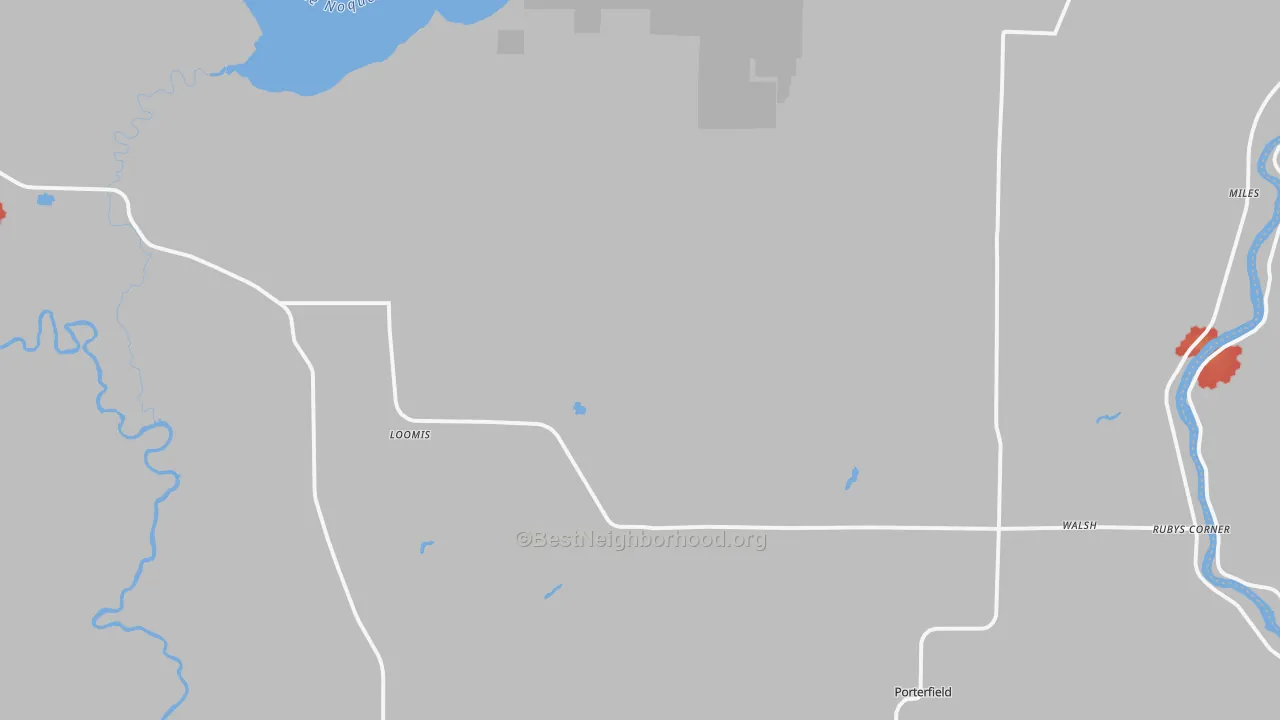 Walk Grade map of Porterfield, WI, walkable areas in green and car-dependent areas in red