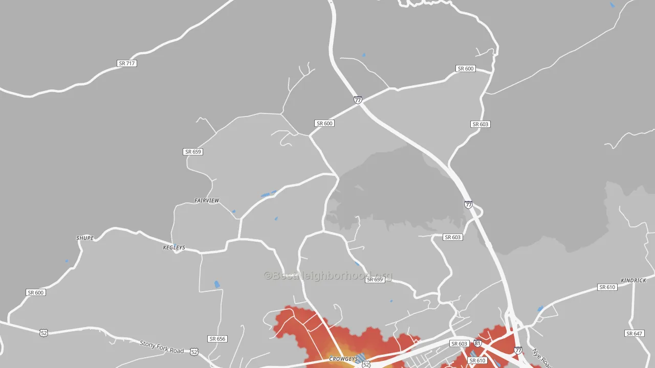 Walk Grade map of Porters Crossroads, VA, walkable areas in green and car-dependent areas in red