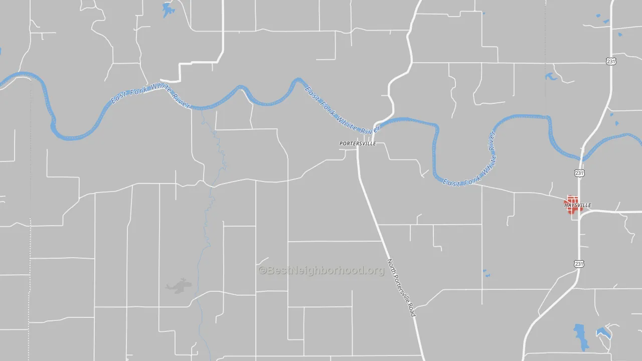 Walk Grade map of Portersville, IN, walkable areas in green and car-dependent areas in red