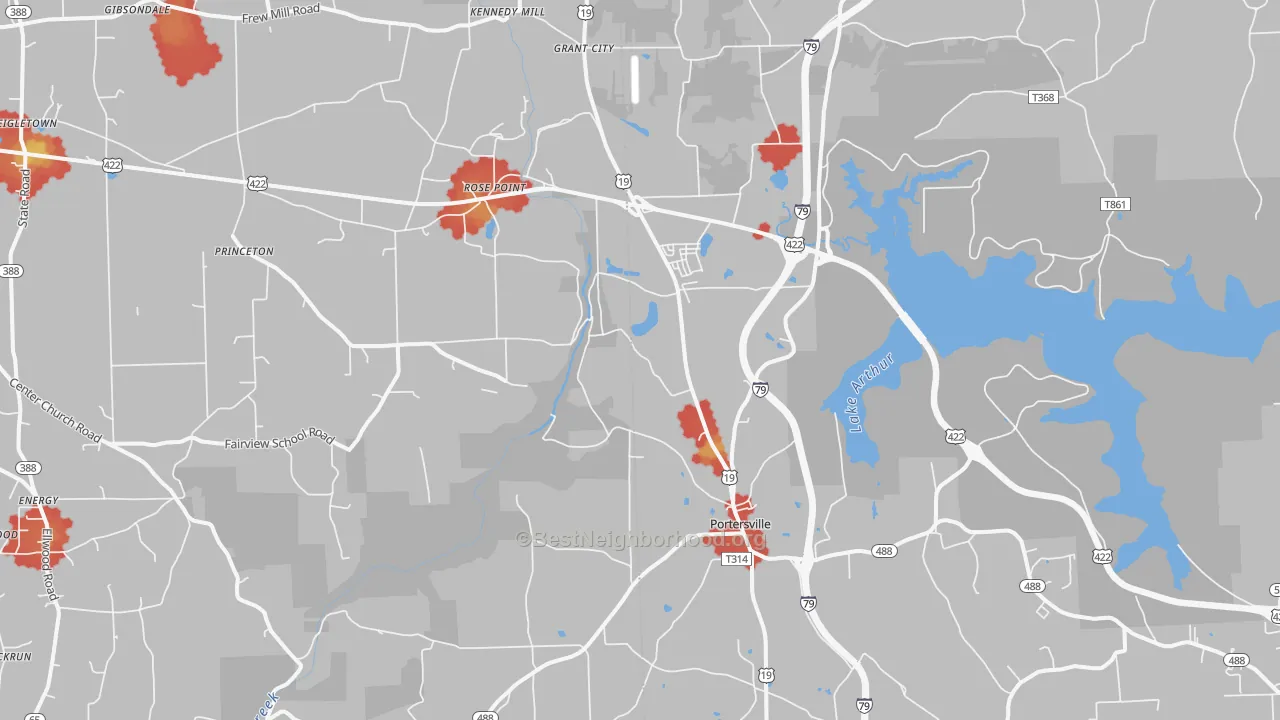 Walk Grade map of Portersville, PA, walkable areas in green and car-dependent areas in red