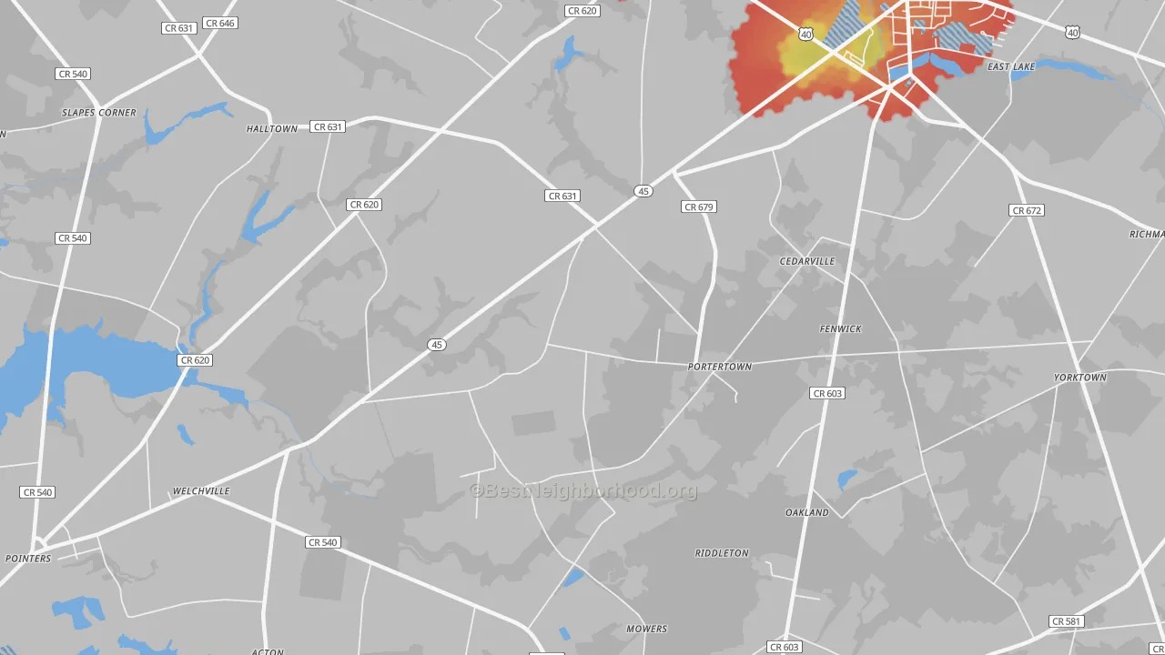 Walk Grade map of Portertown, NJ, walkable areas in green and car-dependent areas in red