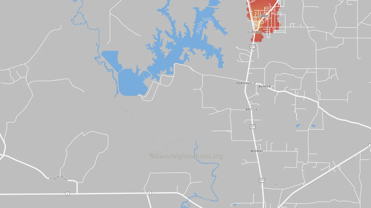 Walk Grade map of Porterville, LA, walkable areas in green and car-dependent areas in red