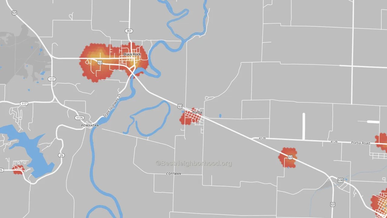 Walk Grade map of Portia, AR, walkable areas in green and car-dependent areas in red