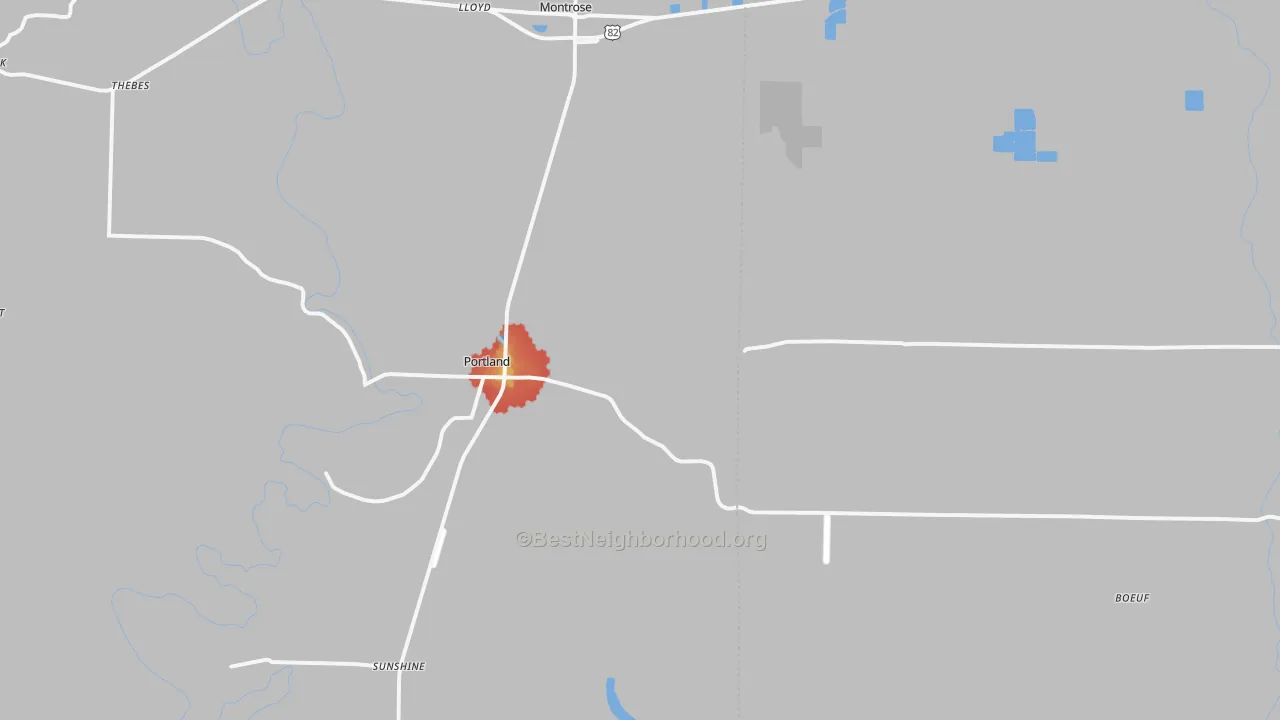 Walk Grade map of Portland, AR, walkable areas in green and car-dependent areas in red