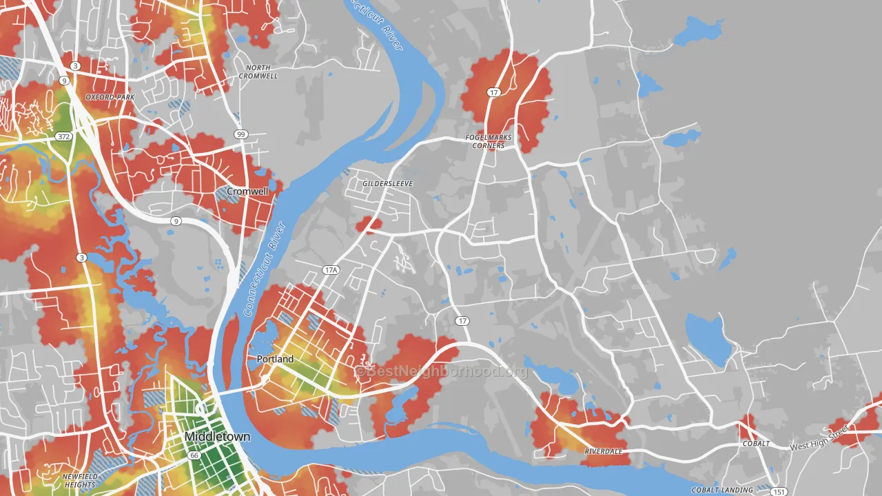 Walk Grade map of Portland, CT, walkable areas in green and car-dependent areas in red