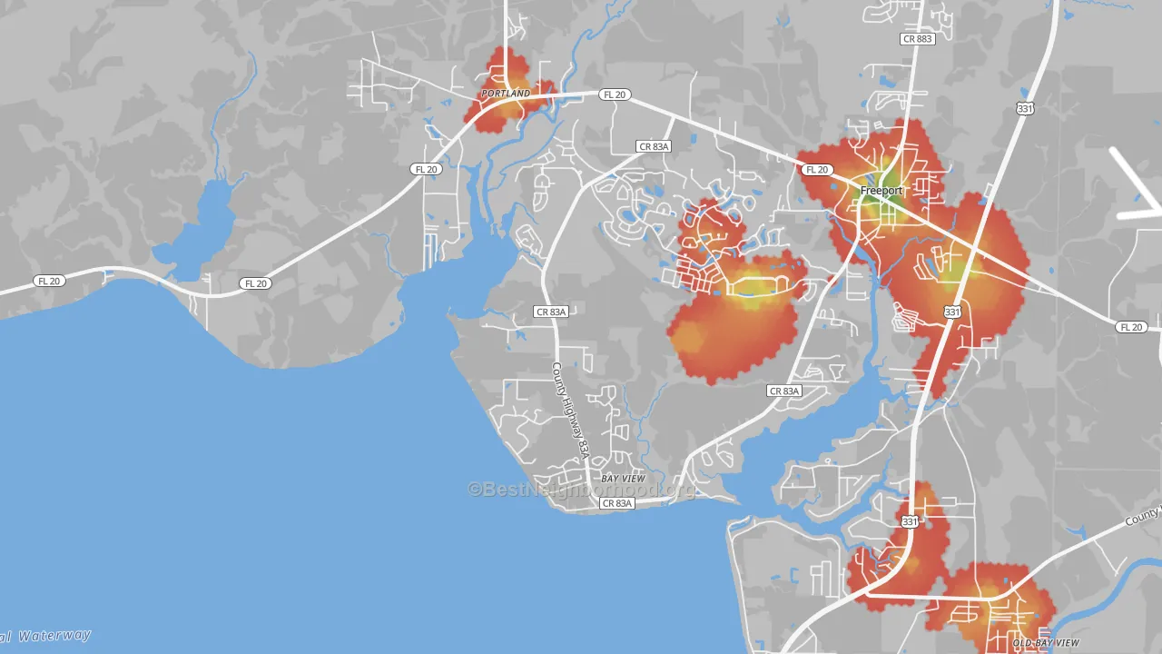 Walk Grade map of Portland, FL, walkable areas in green and car-dependent areas in red