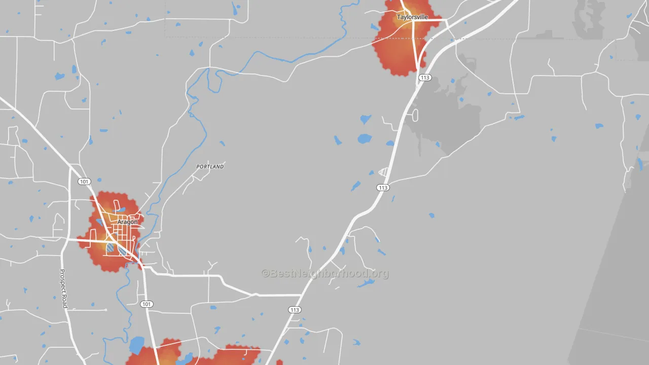 Walk Grade map of Portland, GA, walkable areas in green and car-dependent areas in red
