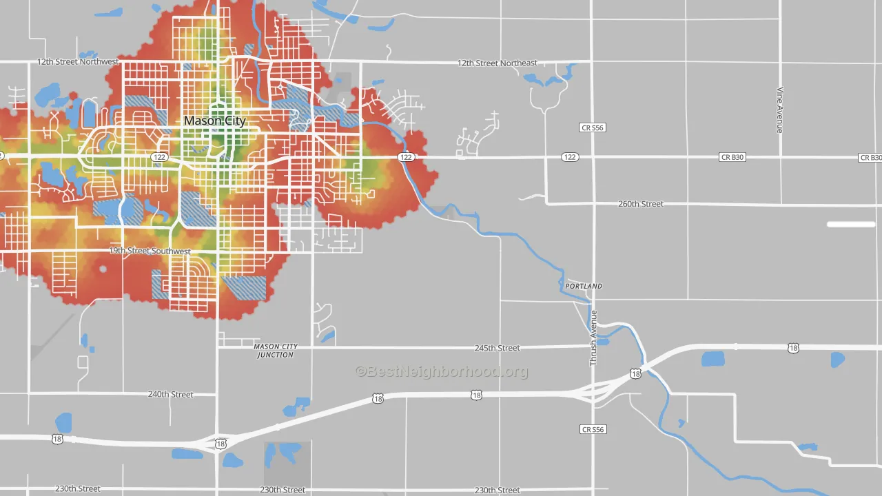 Walk Grade map of Portland, IA, walkable areas in green and car-dependent areas in red