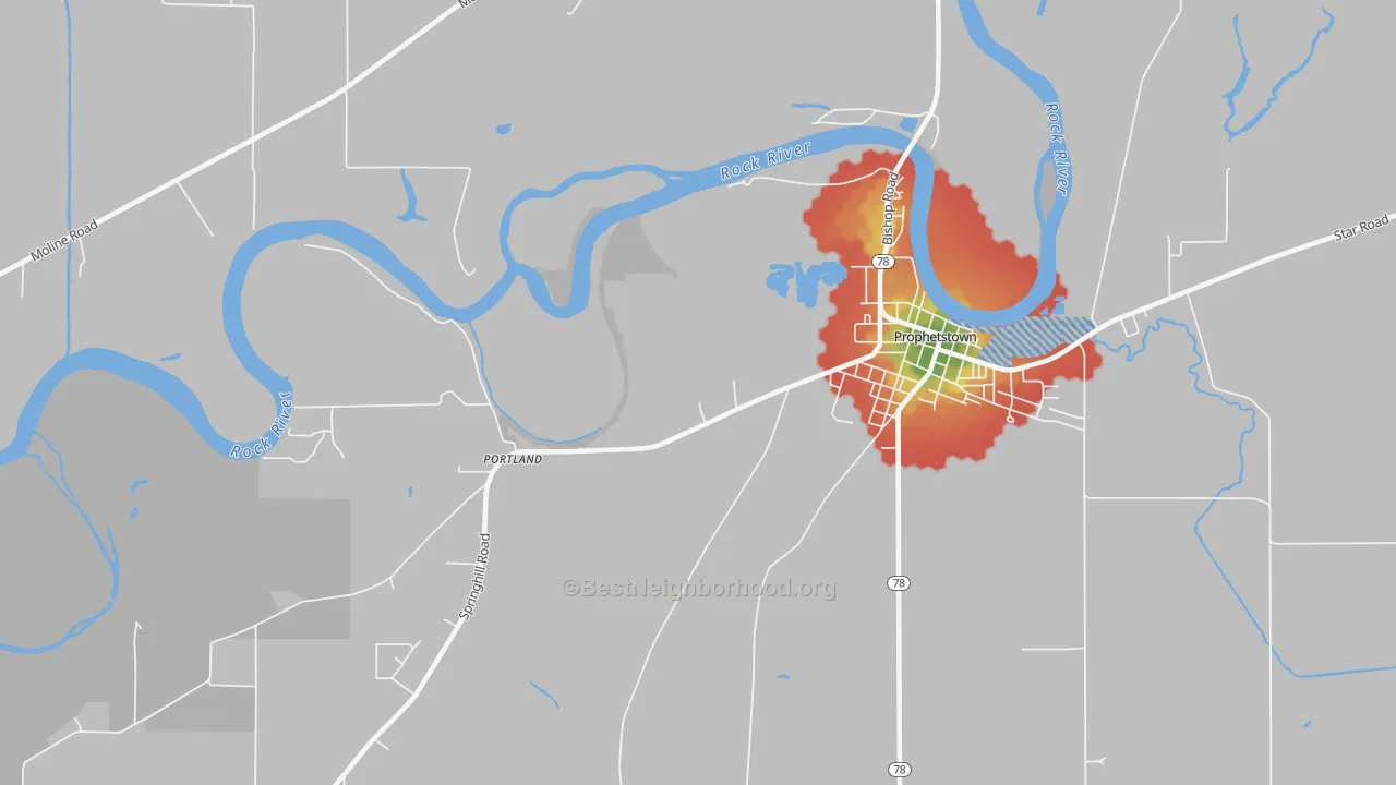 Walk Grade map of Portland, IL, walkable areas in green and car-dependent areas in red