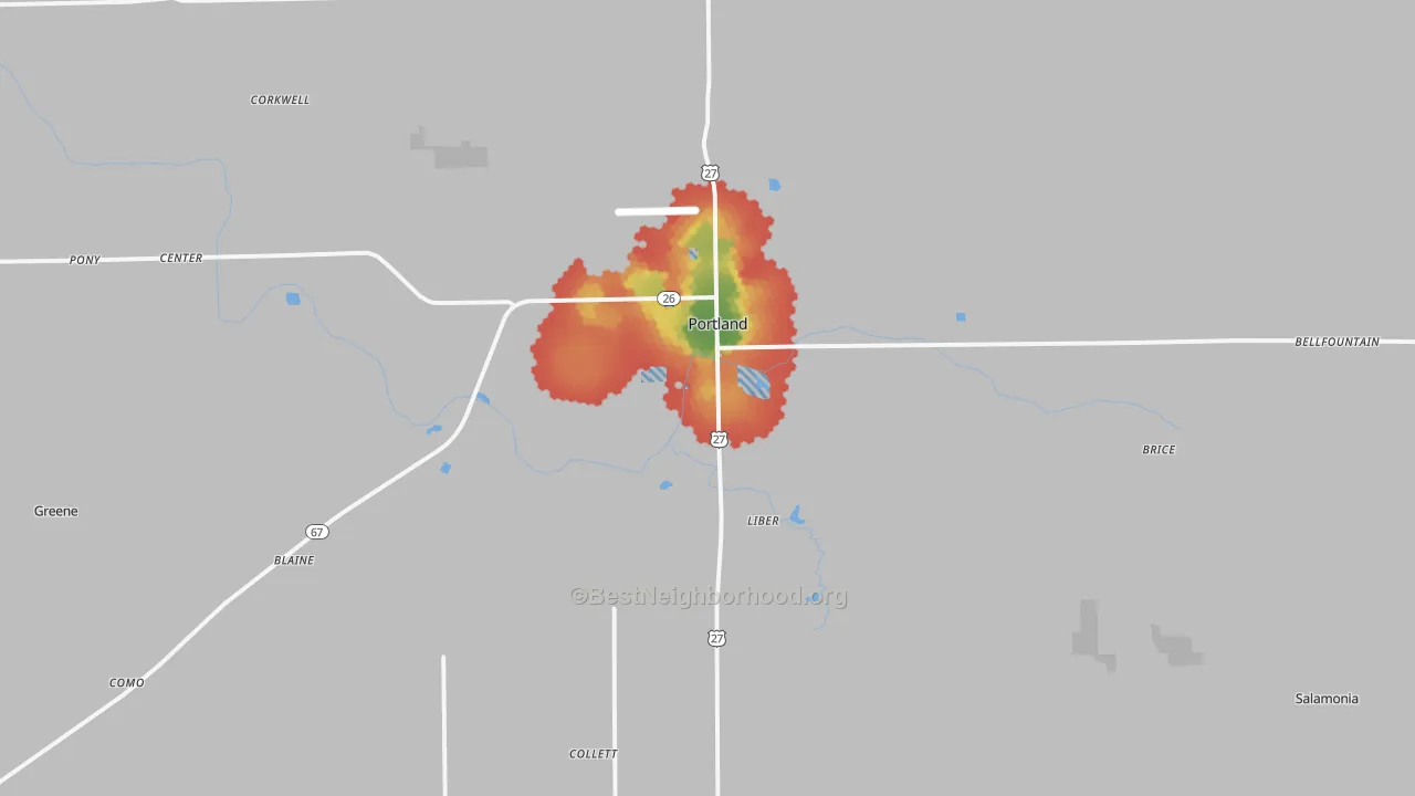 Walk Grade map of Portland, IN, walkable areas in green and car-dependent areas in red