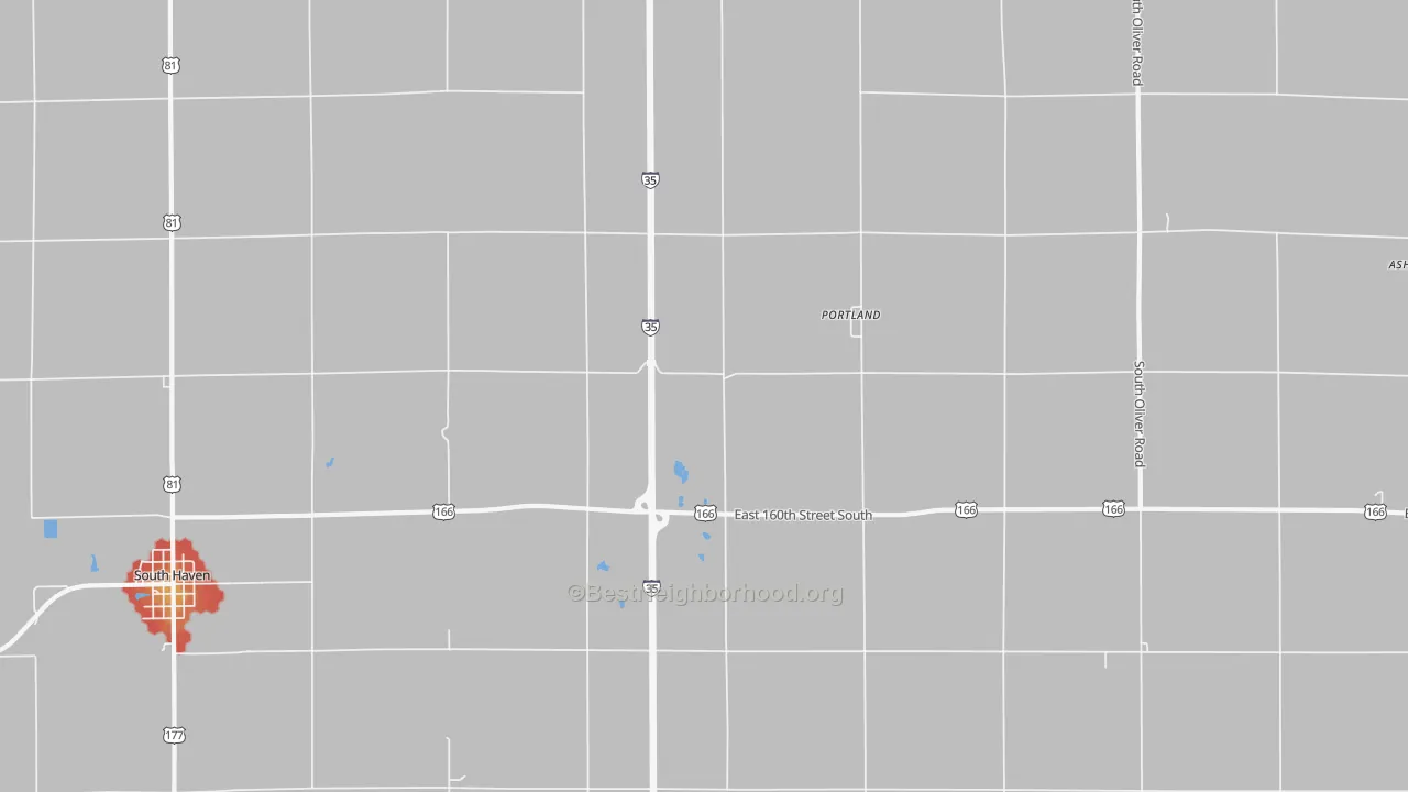 Walk Grade map of Portland, KS, walkable areas in green and car-dependent areas in red