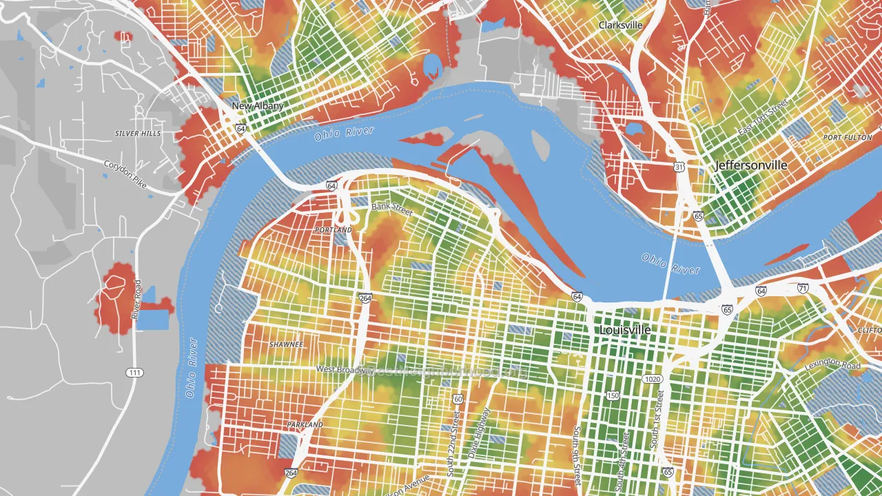 Walk Grade map of Portland, Louisville, KY, walkable areas in green and car-dependent areas in red