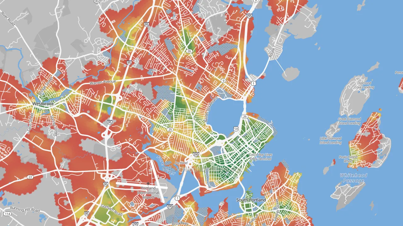 Walk Grade map of Portland, ME, walkable areas in green and car-dependent areas in red