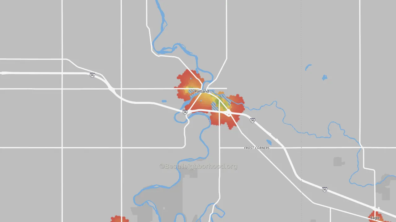 Walk Grade map of Portland, MI, walkable areas in green and car-dependent areas in red