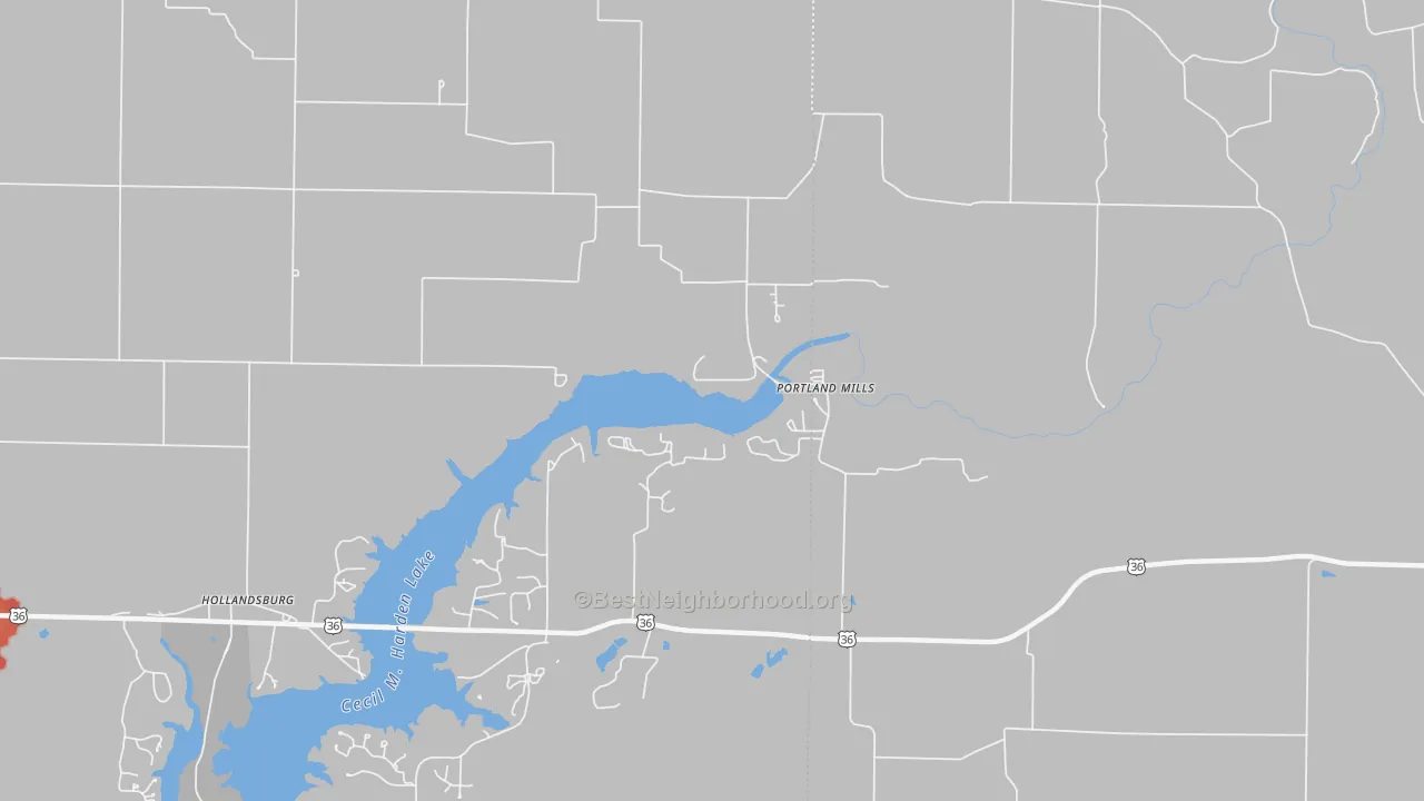 Walk Grade map of Portland Mills, IN, walkable areas in green and car-dependent areas in red
